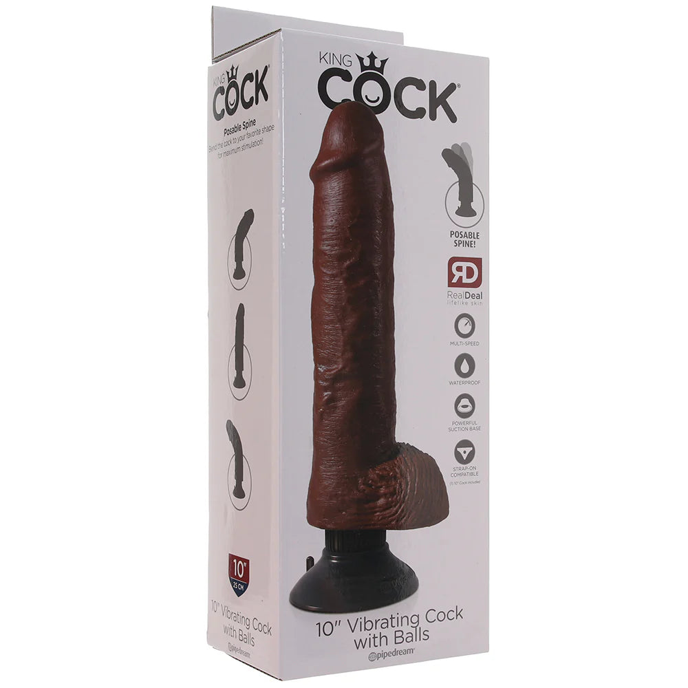 King Cock 10 Inch Vibrating Dildo with Balls in Brown